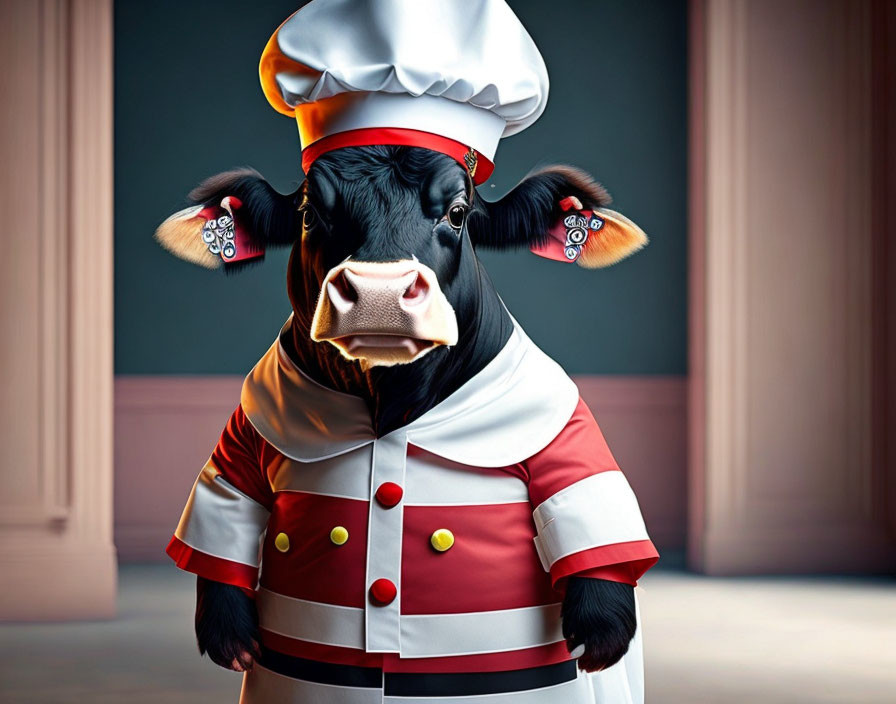 Whimsical digital artwork: Cow in chef's uniform indoors