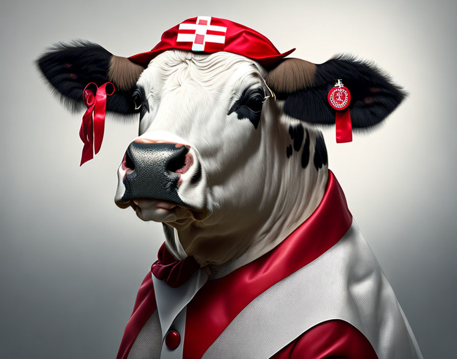 Stylized cow with red hat, cape, and earring on grey background