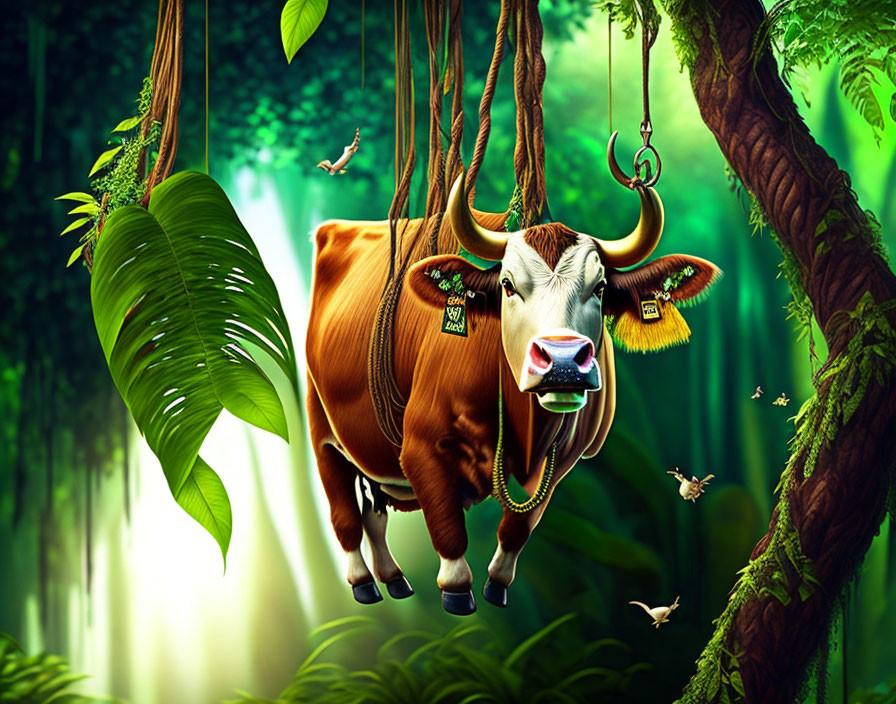 Stylized image of cow with golden horns in lush jungle