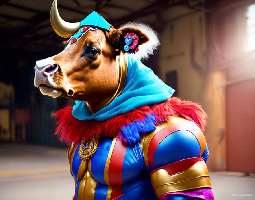 Colorful superhero cow with cape and bull-like helmet in warehouse setting