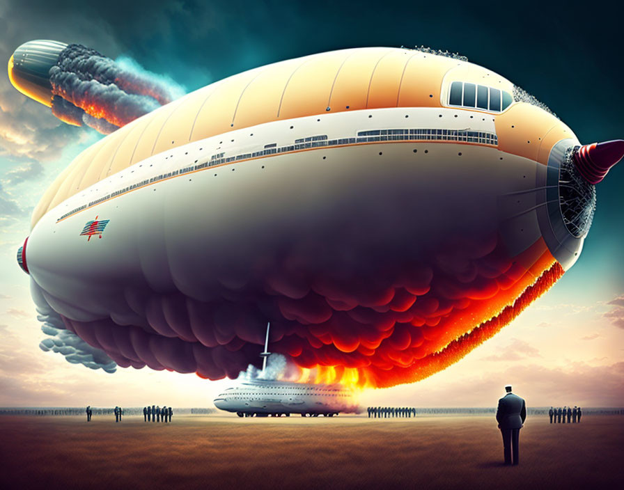 Large flaming airship disaster above airstrip with dark clouds