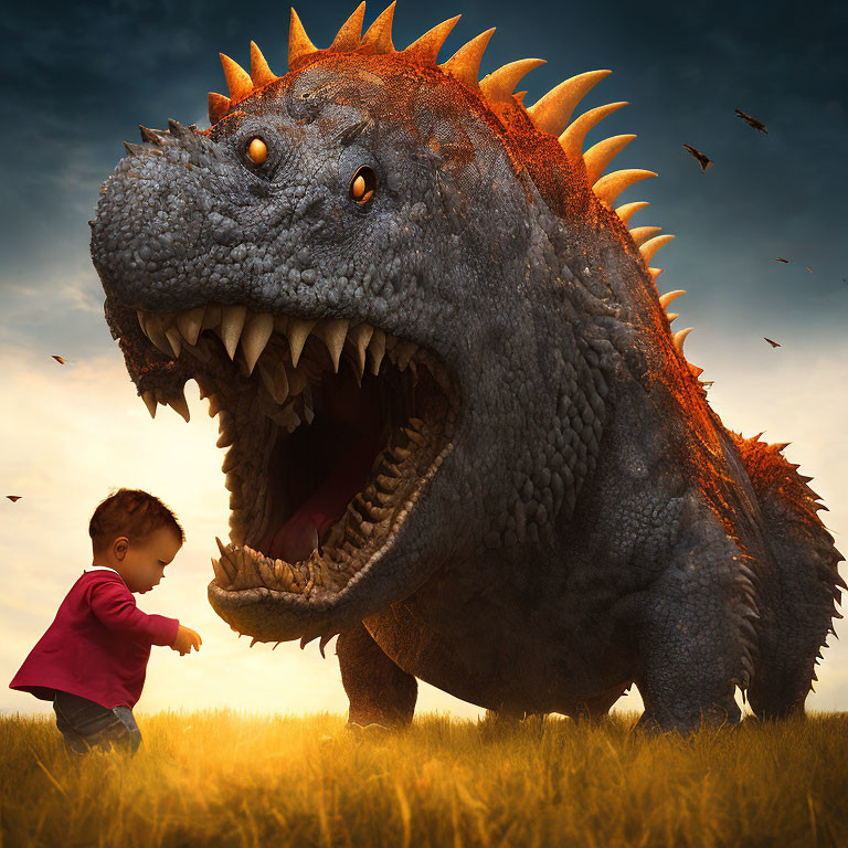 Child in red top faces snarling dinosaur under dramatic sky