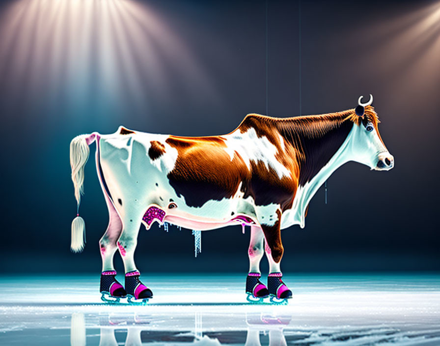 Cow on Ice with Colorful Leg Warmers and Ice Skates in Spotlight