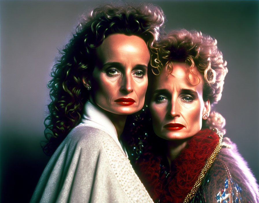 Two women with curly hair in white and red/blue outfits staring at the camera