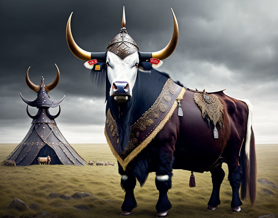 Ornately adorned bull in field with yurt under cloudy sky