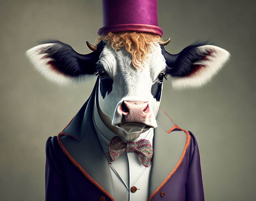 Cow in Stylish Suit with Purple Top Hat and Bow Tie: Whimsical and Sophisticated