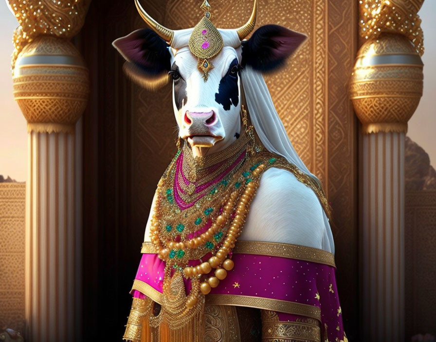 Decorated cow with jewelry and pink cloth in front of golden palace