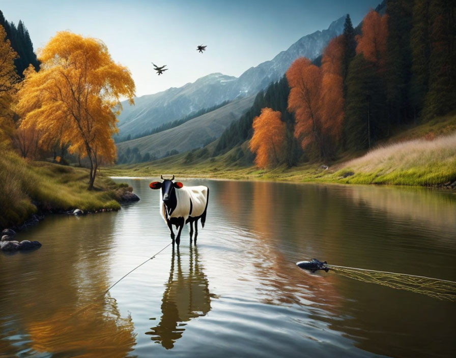 Cow standing in river with submarine rope, autumn trees, mountain backdrop, drones.