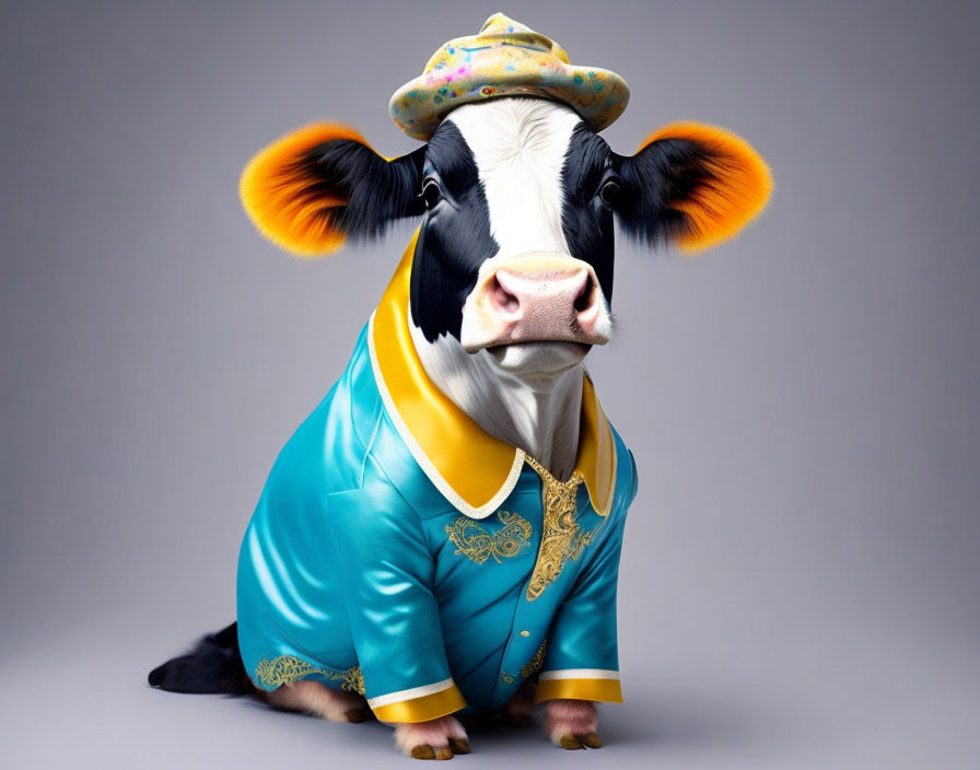 Colorful Outfit Cow with Beret: Whimsical Human-Like Depiction