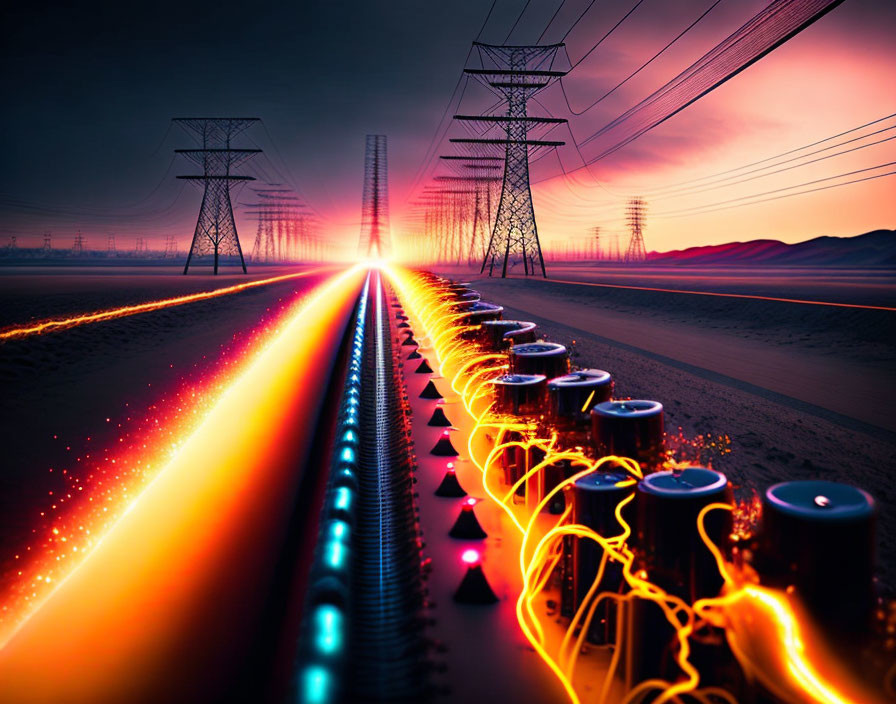 Colorful sunset sky with power lines, energized pipeline, and glowing batteries symbolizing electricity flow