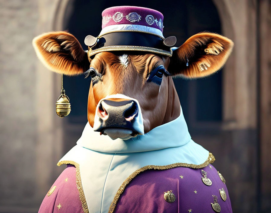 Whimsical cow in fancy purple and gold costume with decorative hat