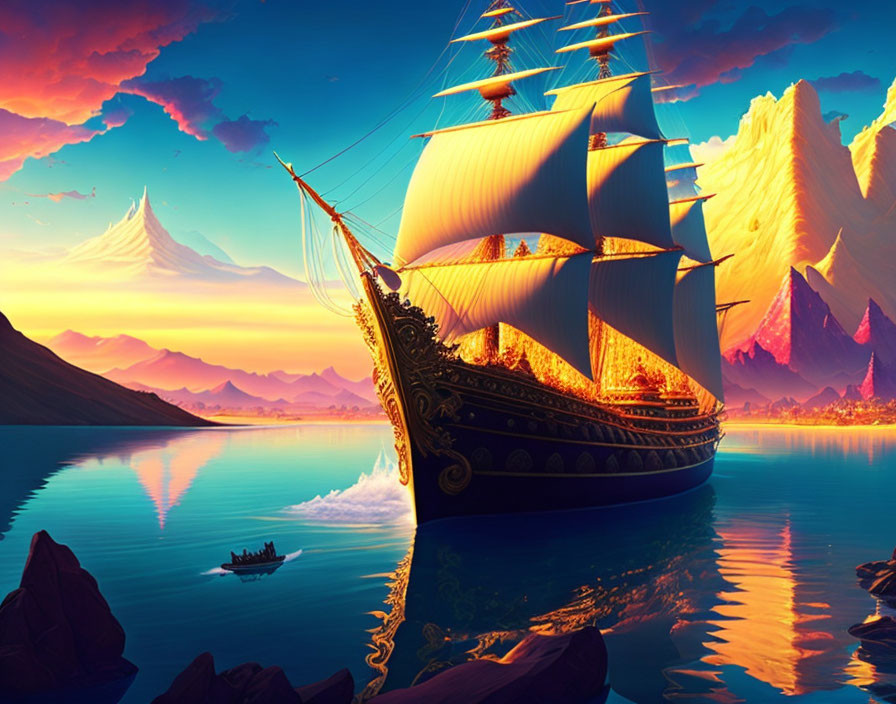 Ornate ship sailing on tranquil lake at sunset