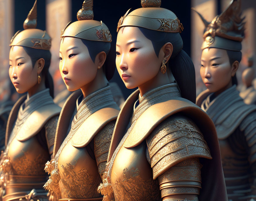 Four animated female warriors in ornate armor with helmets, focused looks, golden earrings, and elaborate hairstyles