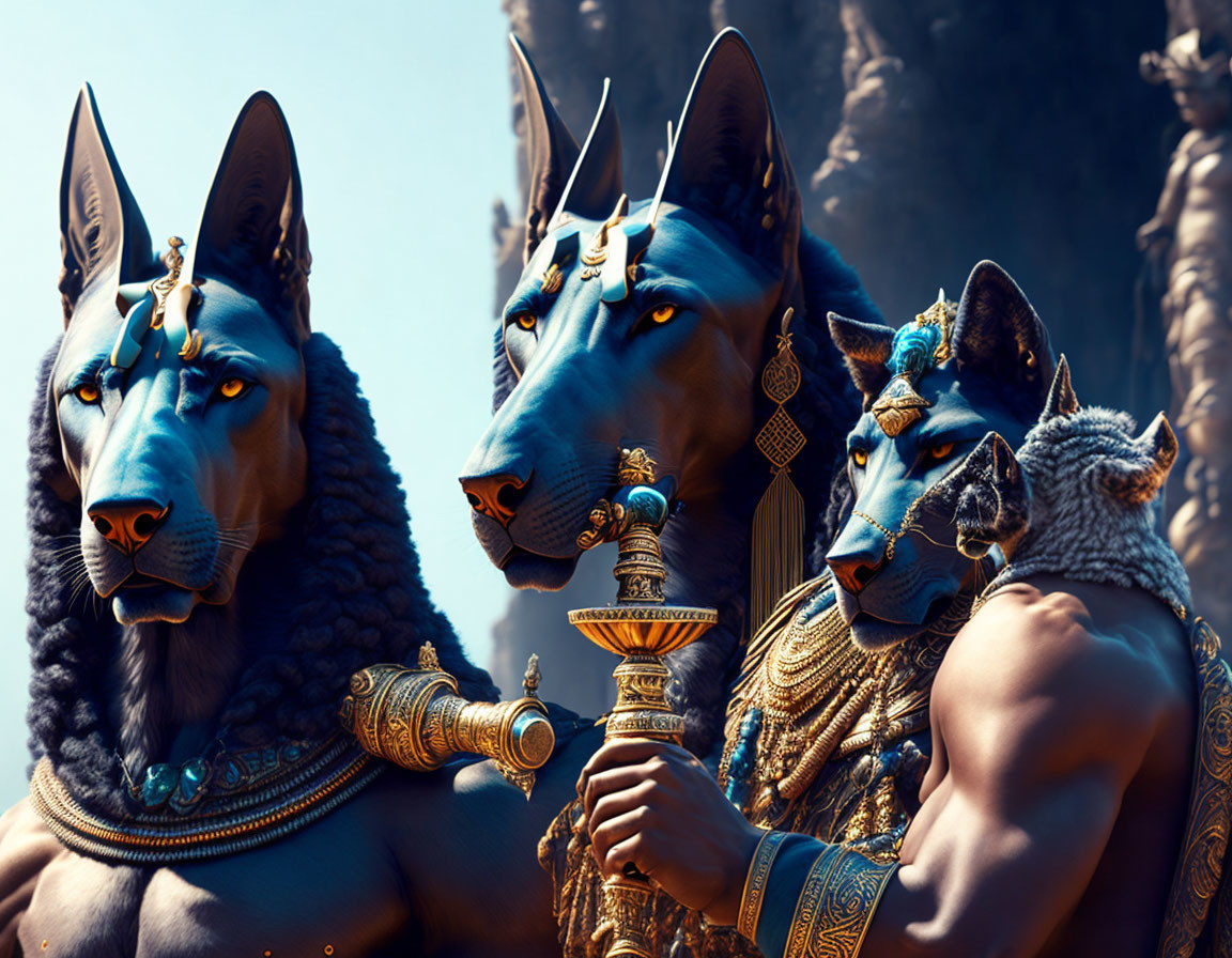 Anthropomorphic dogs in Egyptian-style adornments against ancient pillars