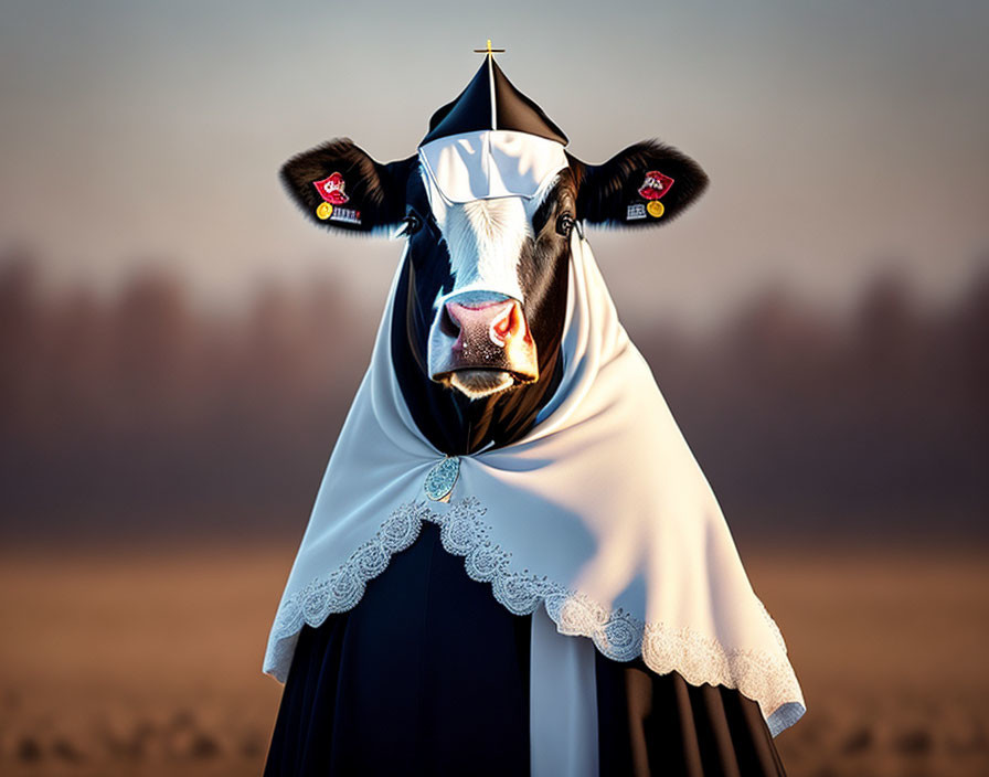 Cow Dressed as Nun in Misty Field