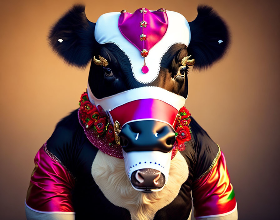 Colorful cow with elaborate attire: headdress, earrings, necklace