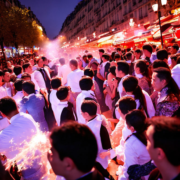 Nighttime street scene with formal attire and sparklers creating a festive ambiance