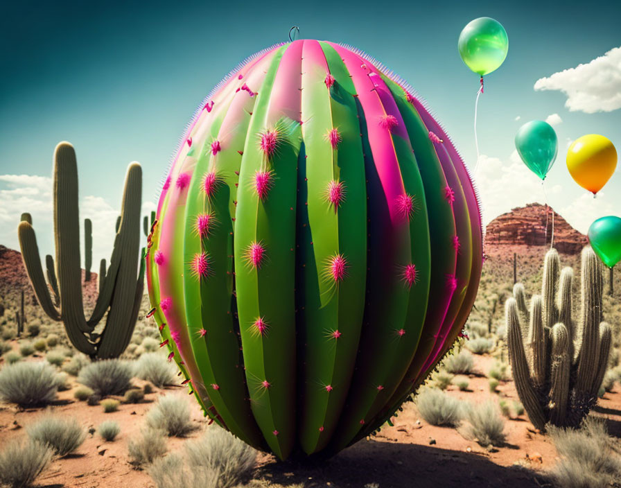 Oversized cactus-shaped balloon in desert landscape with smaller balloons