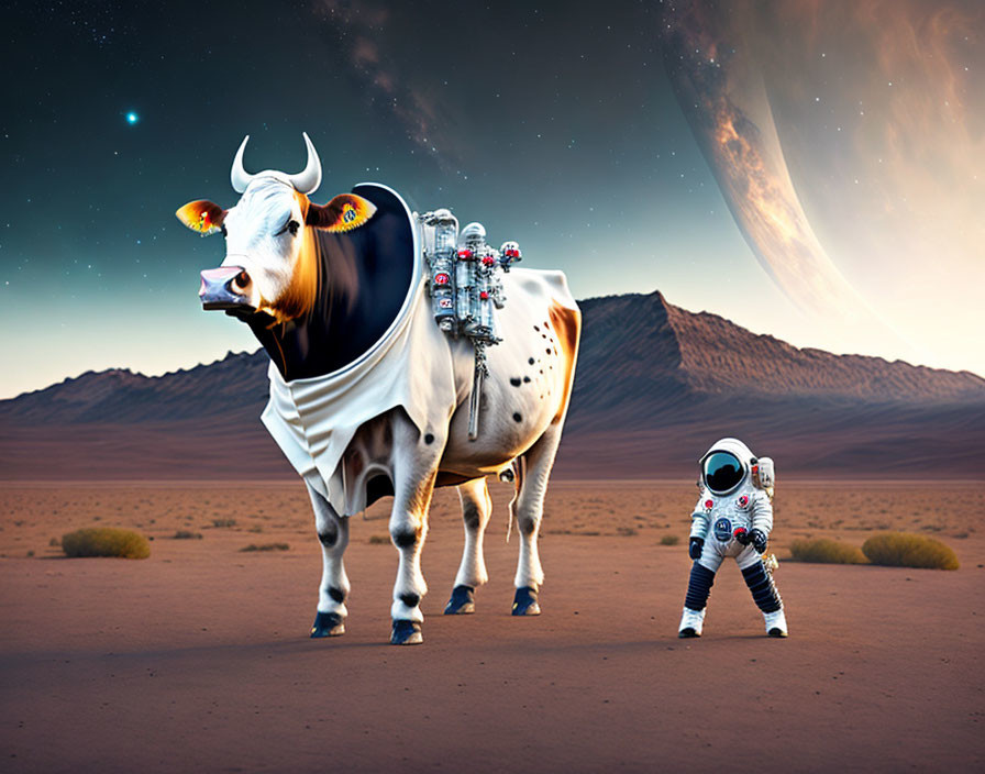 Astronaut with sci-fi cow on desert terrain with jetpacks and huge planet.