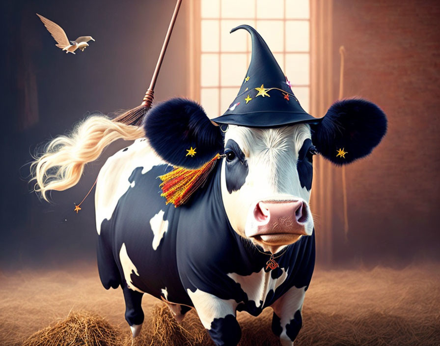 Whimsical digital artwork: cow wizard with starry hat, wand, and bird in magical scene