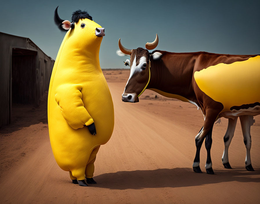 Person in cow costume with real cow in sandy desert