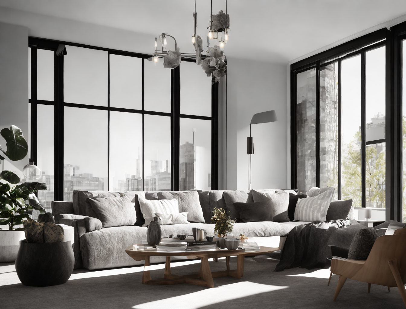 Spacious modern living room with large windows, gray sofa, wooden furniture, plants, cityscape view