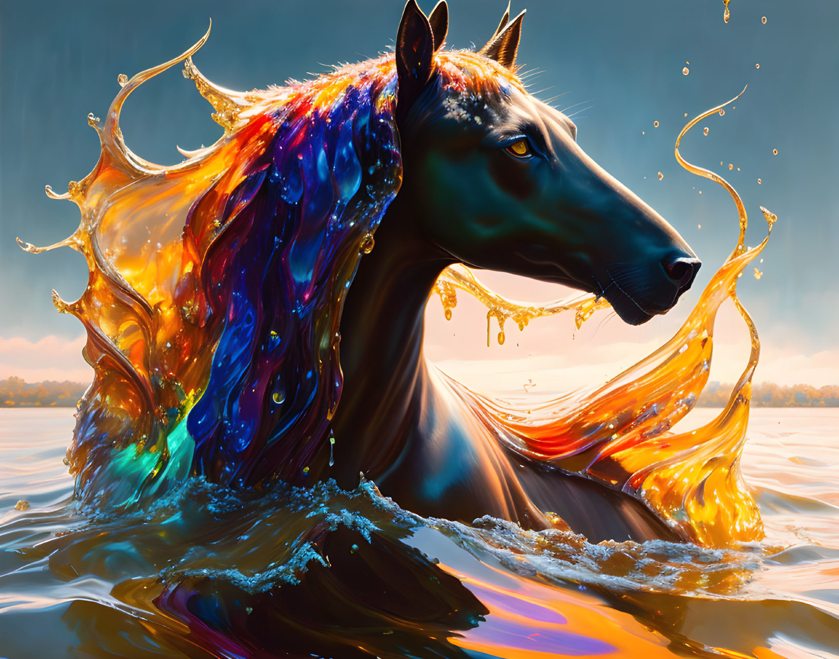 Majestic horse with fiery mane emerging from water