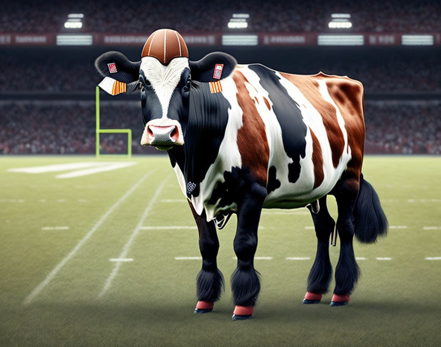 Cow on football field with cleats and football on head.