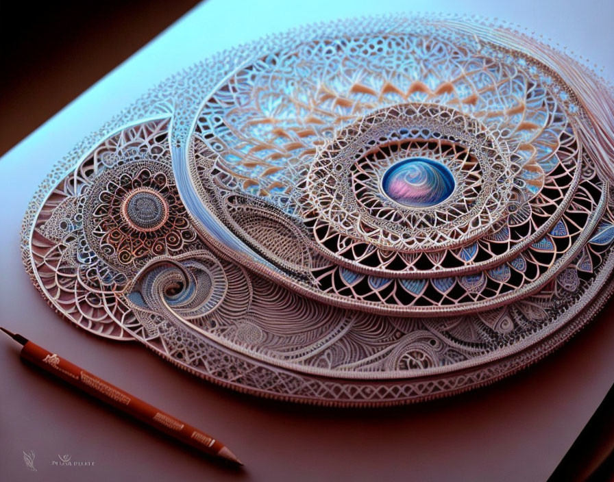 Intricate Circular and Spiral Paper Art with Pencil for Scale