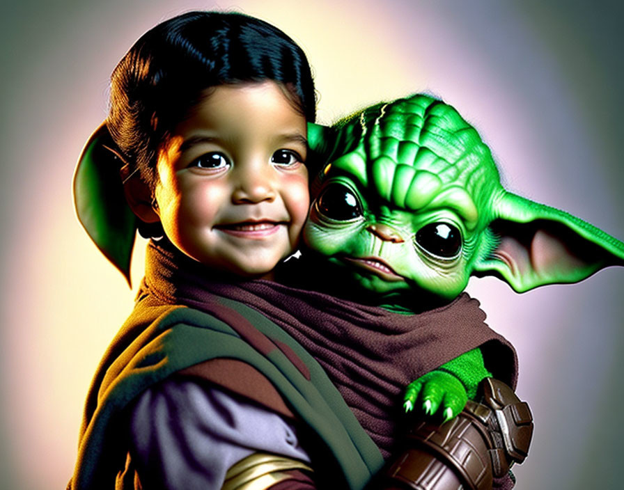 Child Holding Baby Yoda Figure in Soft Lighting