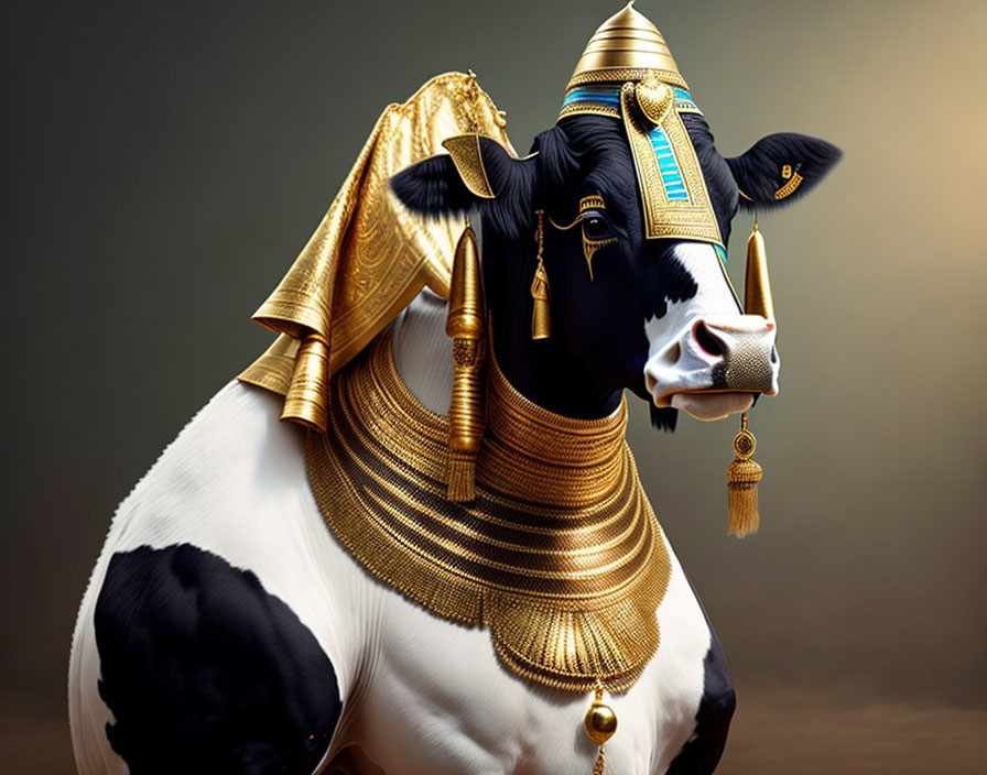 Cow Wearing Egyptian Pharaoh Headdress and Jewelry on Neutral Background