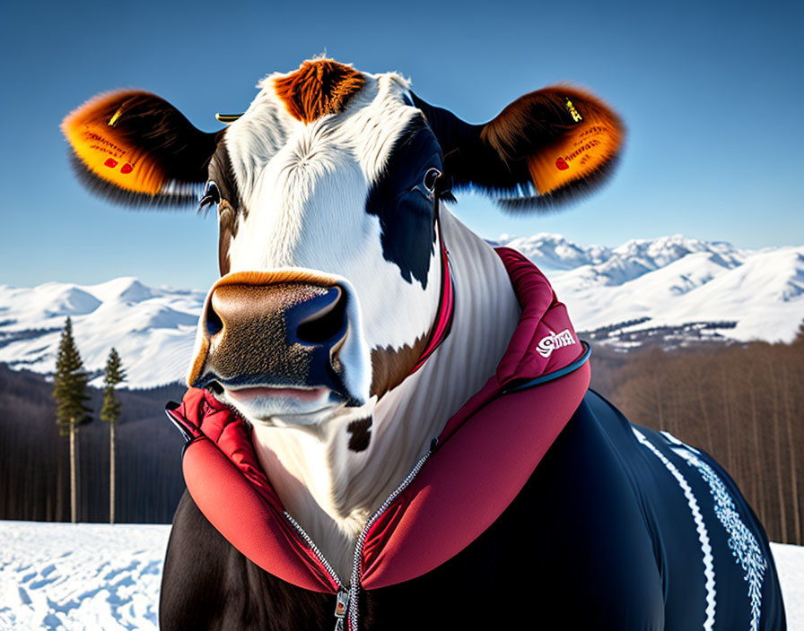 Digitally edited cow with ear tags in red jacket against snowy mountain landscape