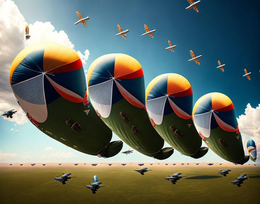 Colorful hot air balloons and aircraft in clear sky over grassy plain