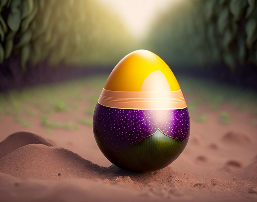 Colorful Egg-Shaped Object with Yellow, Golden, and Purple Design on Sandy Ground