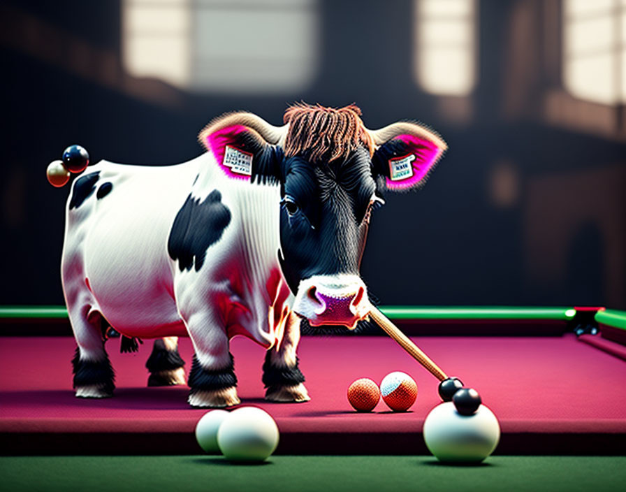 Digital artwork: Cow with humanoid eyes playing billiards on green table