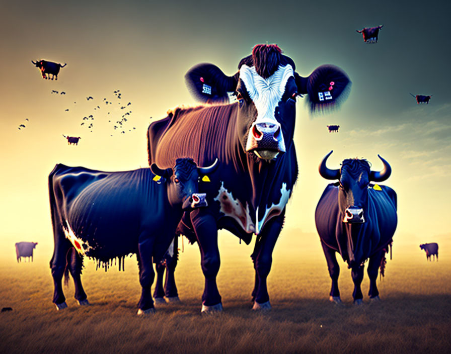 Surreal image: Oversized cows with houses, flying cows in dusk sky