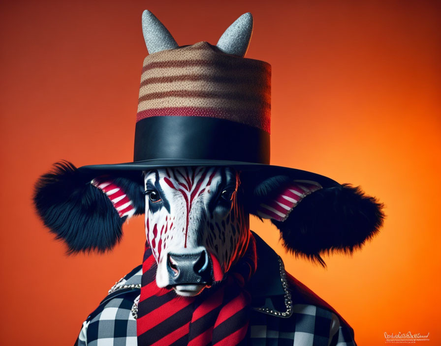 Zebra in Plaid Shirt, Tie, Gold Chains, and Fedora on Orange Background