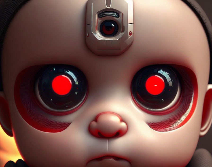 Stylized robotic baby with large red eyes and mechanical features