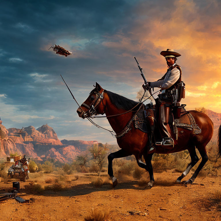 Futuristic cowboy on horse with drones and robotic dogs in desert sunset