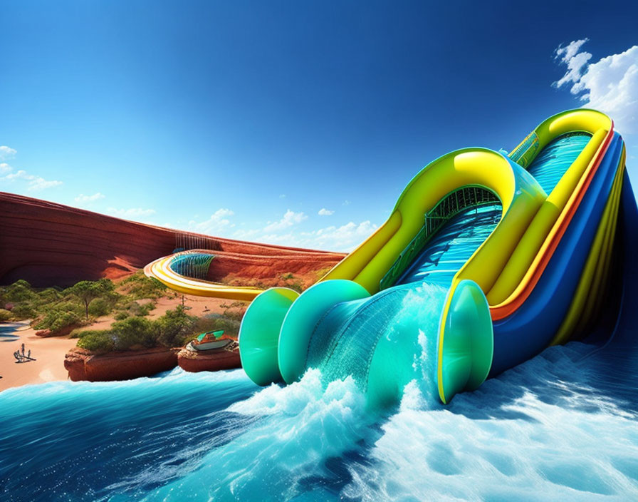 Colorful water slides by the ocean in desert landscape