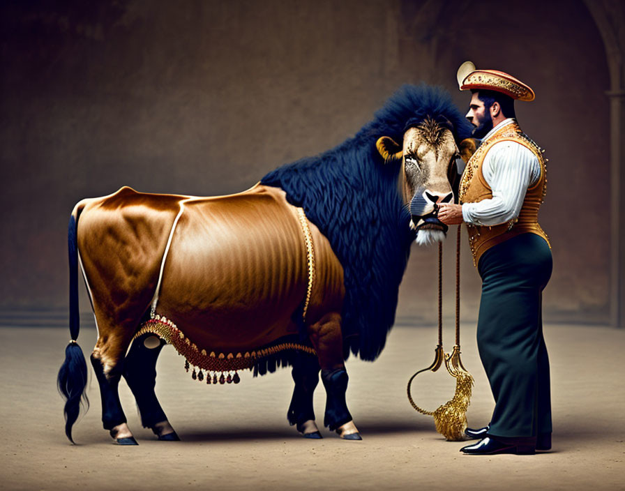 Surreal image: man as matador with hybrid creature - bull body, lion head.