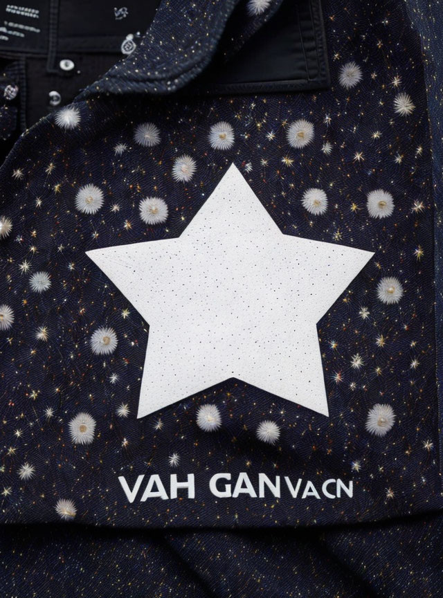 Close-up of white star and galaxy print fabric with illegible text - "VAH GANV