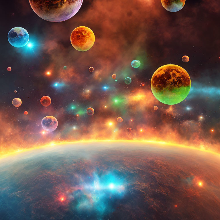 Colorful Cosmic Scene with Planets and Stars in Galaxy