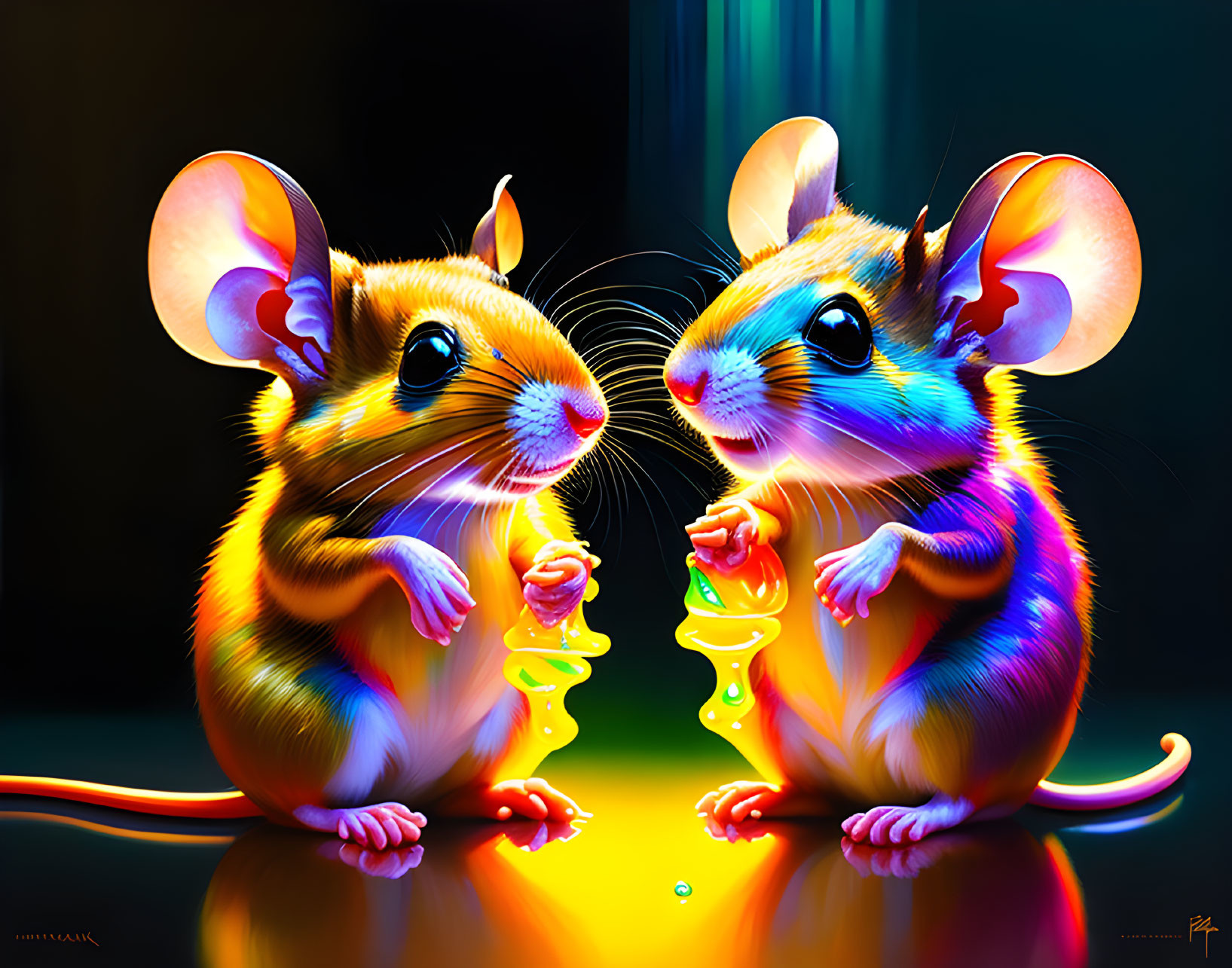 Colorful Cartoon Mice Sharing Honey in Vibrant Scene