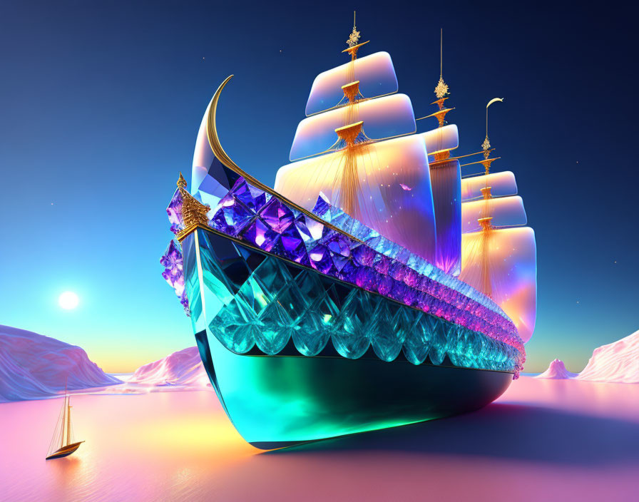 Fantastical ship with jewel-like structures on serene waters with ice landscape and setting sun.