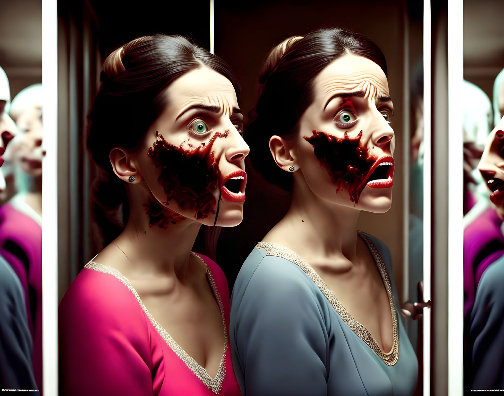 Digital Artwork: Two Shocked Women with Disturbing Mirror Image