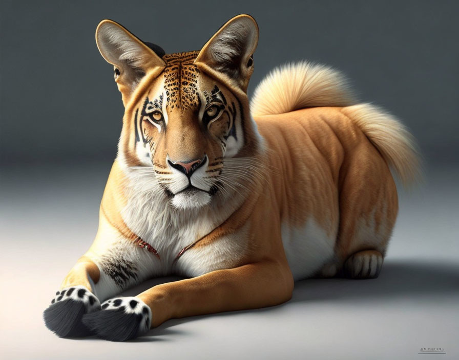 Realistic digital artwork: Tiger-Cheetah hybrid big cat lying down with focused gaze