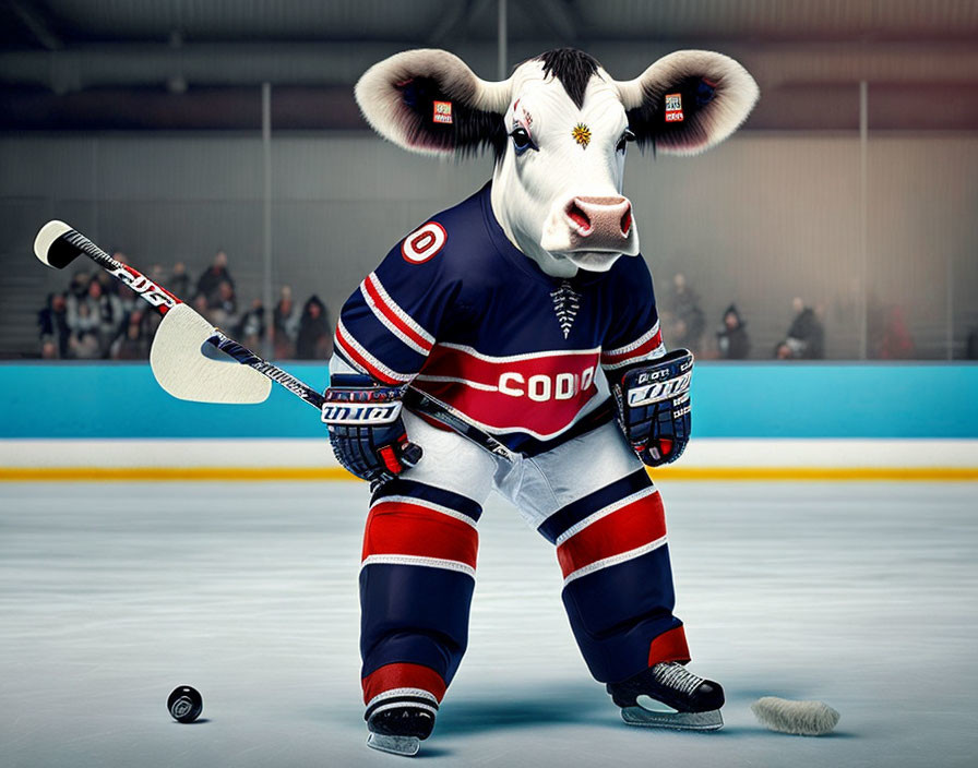 Anthropomorphic cow in hockey uniform on ice rink with stick