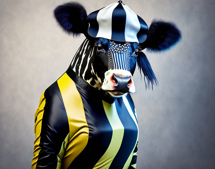 Digital artwork featuring zebra-human fusion in striped outfit