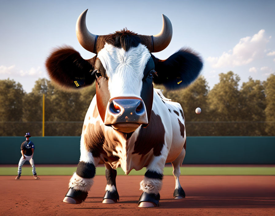 Cow at home plate on baseball field with pitcher in background